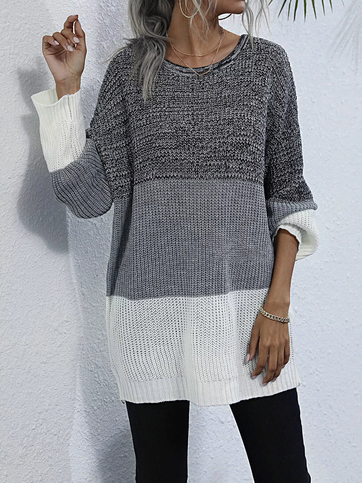 Color Block Round Neck Oversized Sweater - Lilixa.store
