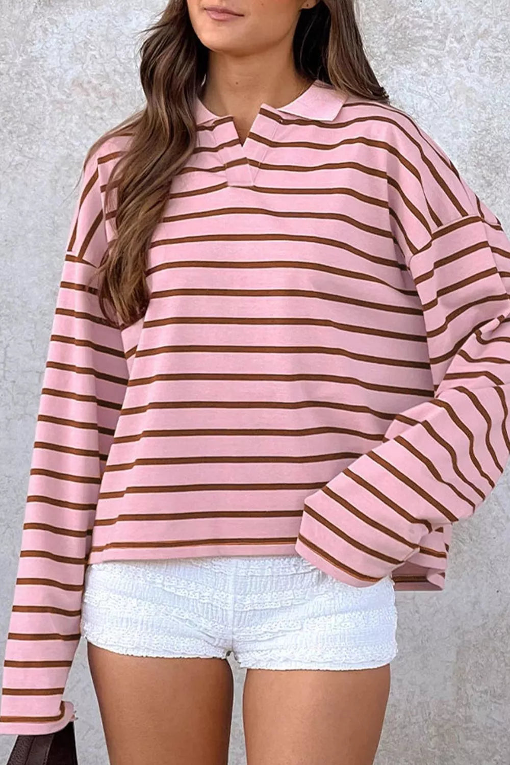Stripe Striped Long Sleeve Collar Shift Top - Lilixa.store