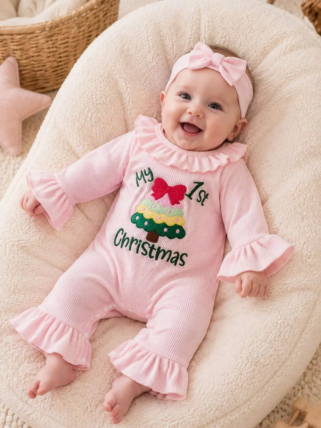 Children's 'My 1st Christmas' Ribbed Ruffle Jumpsuit and Headband Set - Lilixa.store