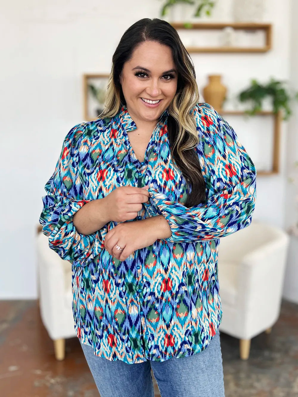 Double Take Full Size Printed Balloon Sleeve Blouse - Lilixa.store