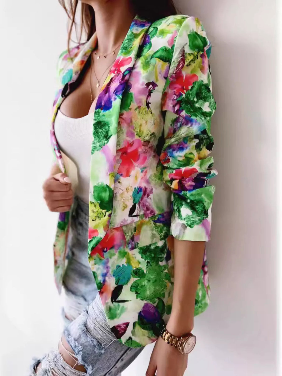 Vibrant Floral Print Open Front Blazer - Lilixa.store