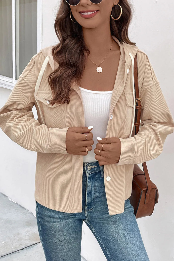 Perfee Ribbed Button Up Drawstring Hooded Jacket in Sand