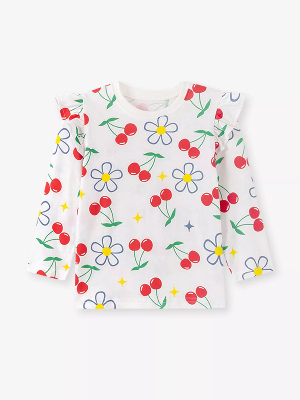 Children's Cherry & Flower Print Ruffled Long Sleeve T-Shirt - Lilixa.store