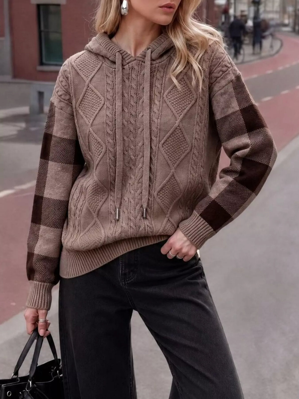 Cable-Knit Plaid Sleeves Hooded Sweater