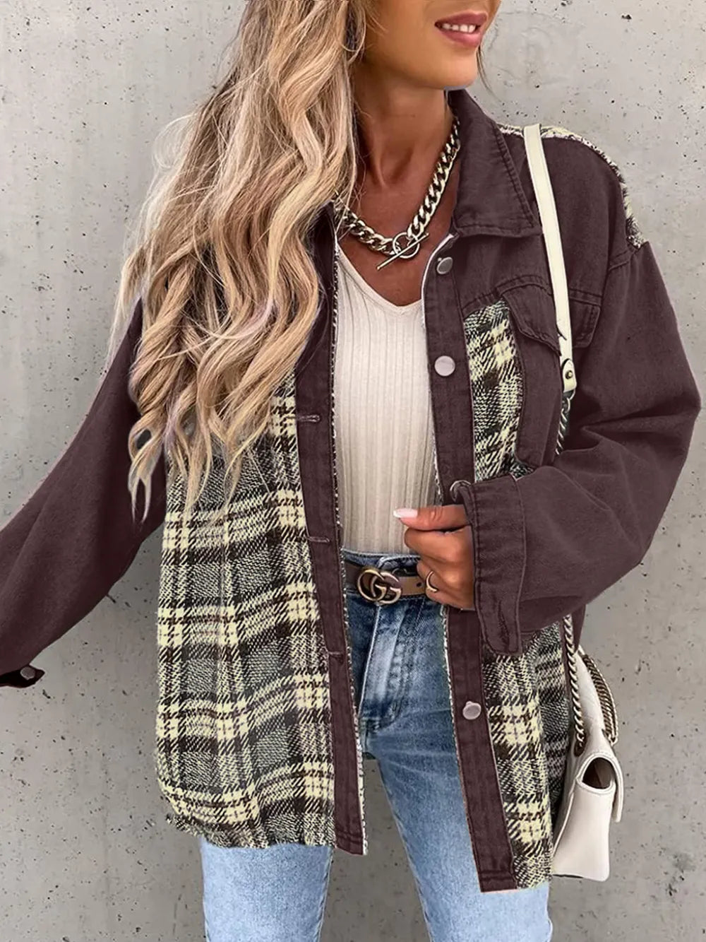 Plaid Button Up Dropped Shoulder Jacket in Brown