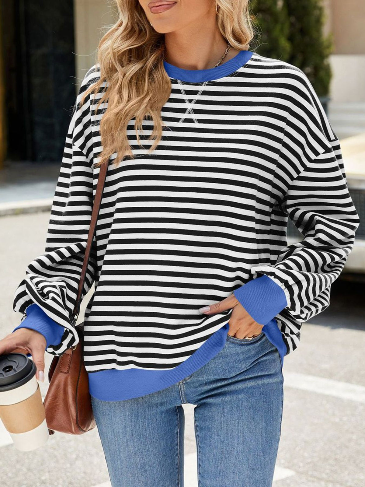 Striped Crew Neck Long Sleeve Sweatshirt - Lilixa.store