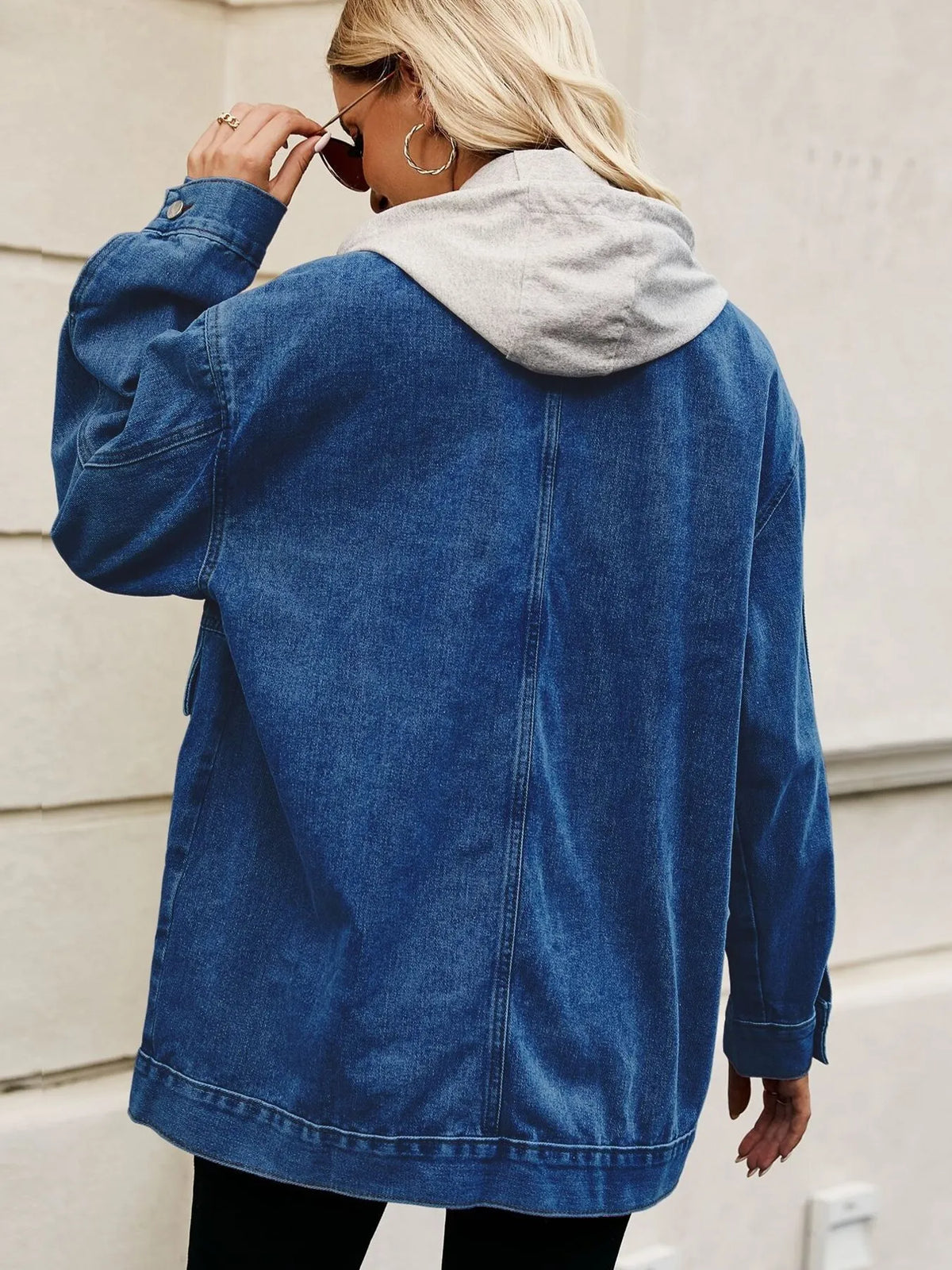 Oversized Button Up Denim Jacket with Hood, view 19