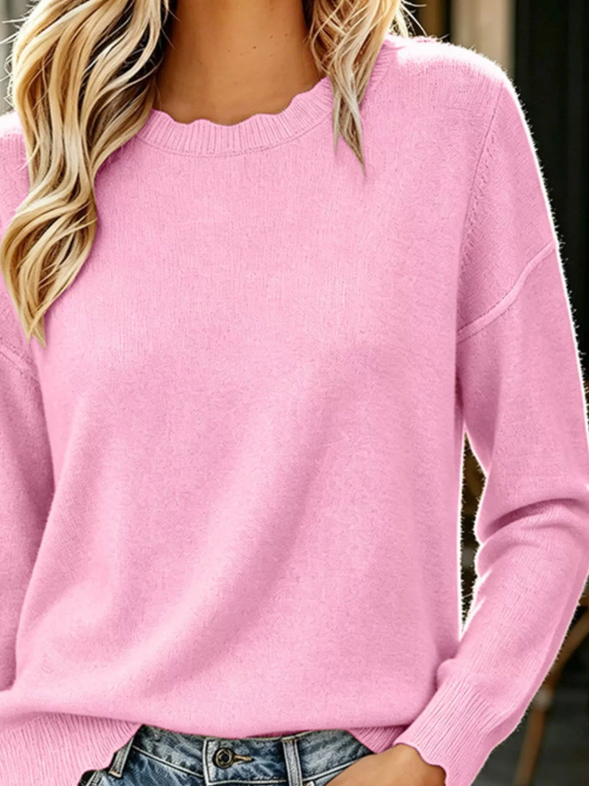 Full Size Scalloped Trim Crew Neck Sweater Plus Size