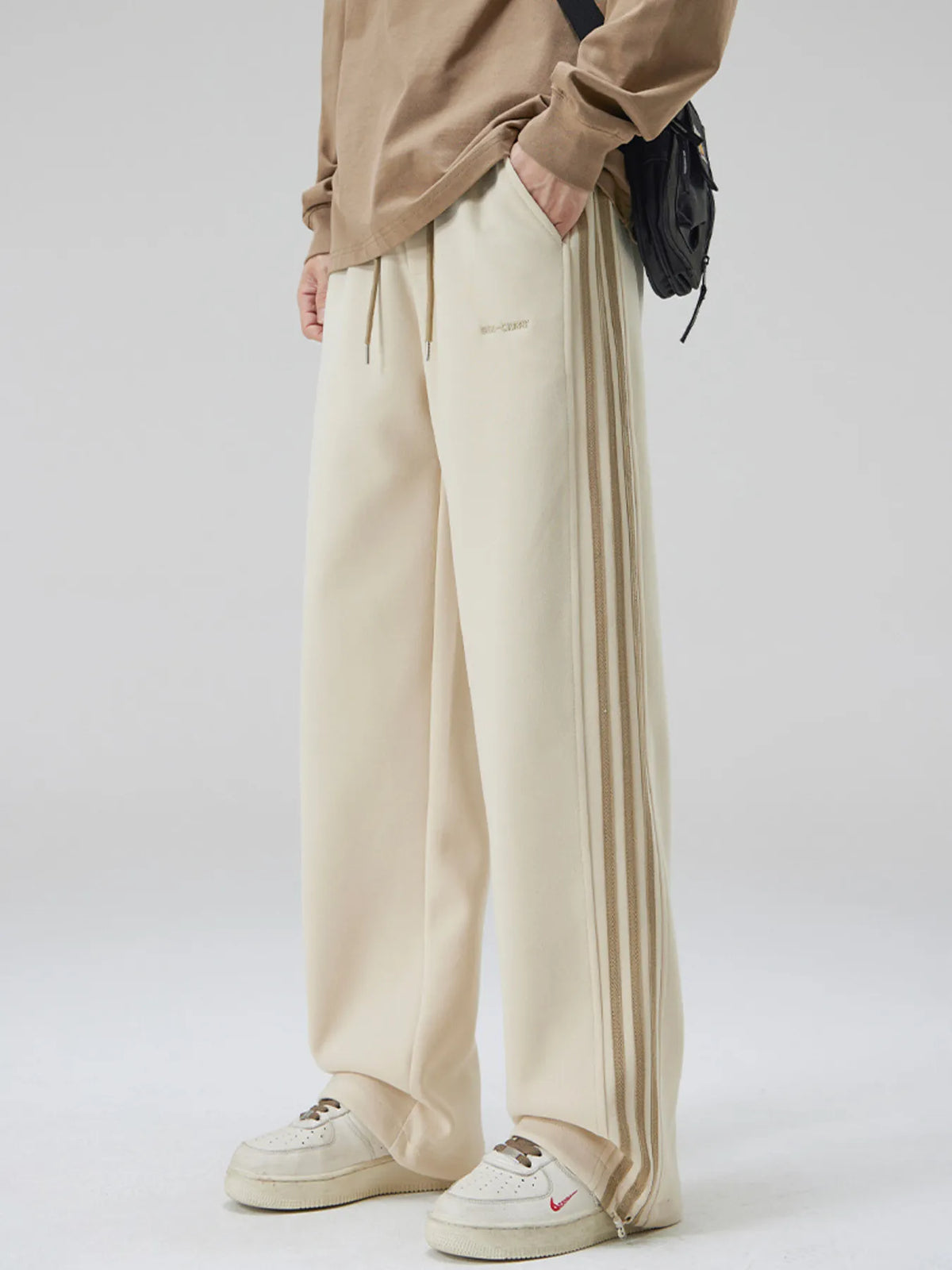 Men's Plus Size Relaxed Fit Pants with Side Stripes in Khaki