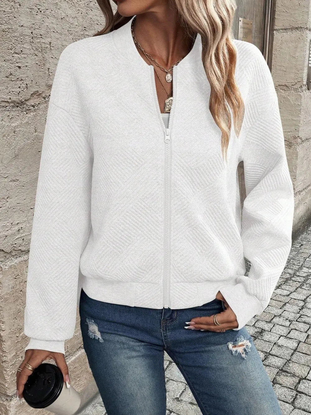 Textured Zip Up Long Sleeve Jacket in White