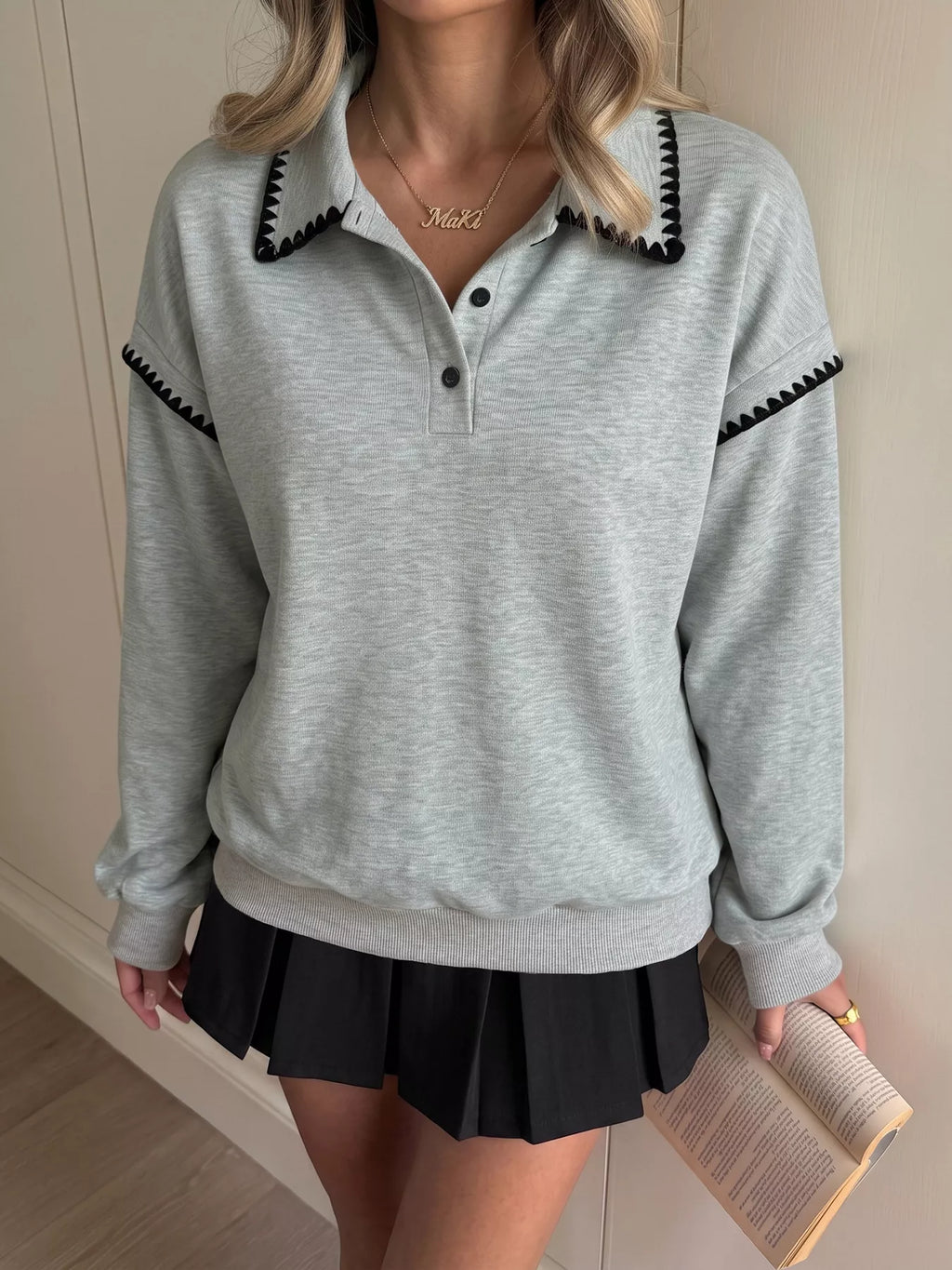 Polo Collar Dropped Shoulder Sweatshirt - Lilixa.store