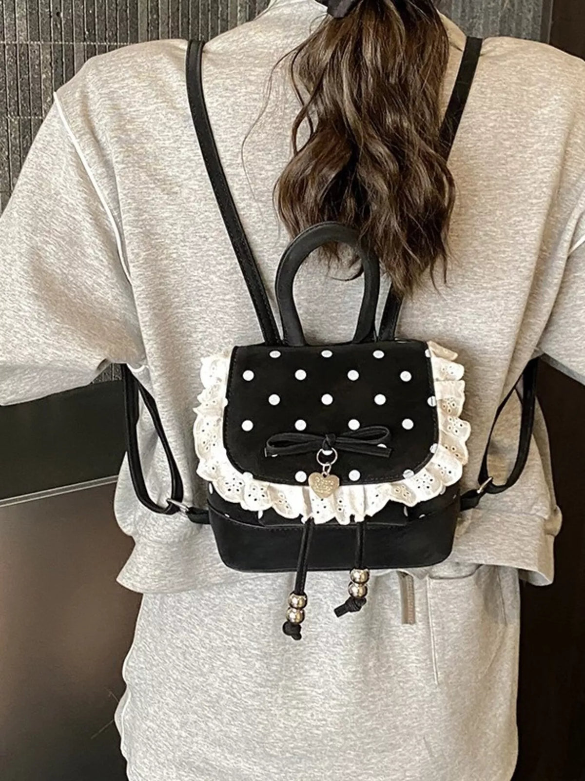 Polka Dot Lace Trim Backpack Bag - Lilixa.store