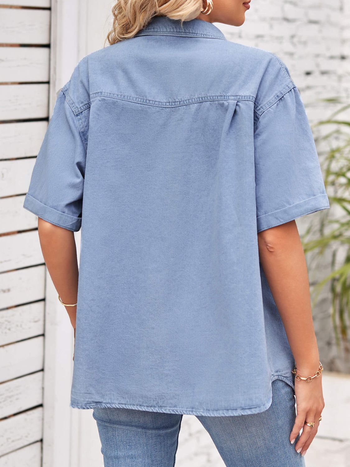 Collared Neck Short Sleeve Denim Jacket, view 2