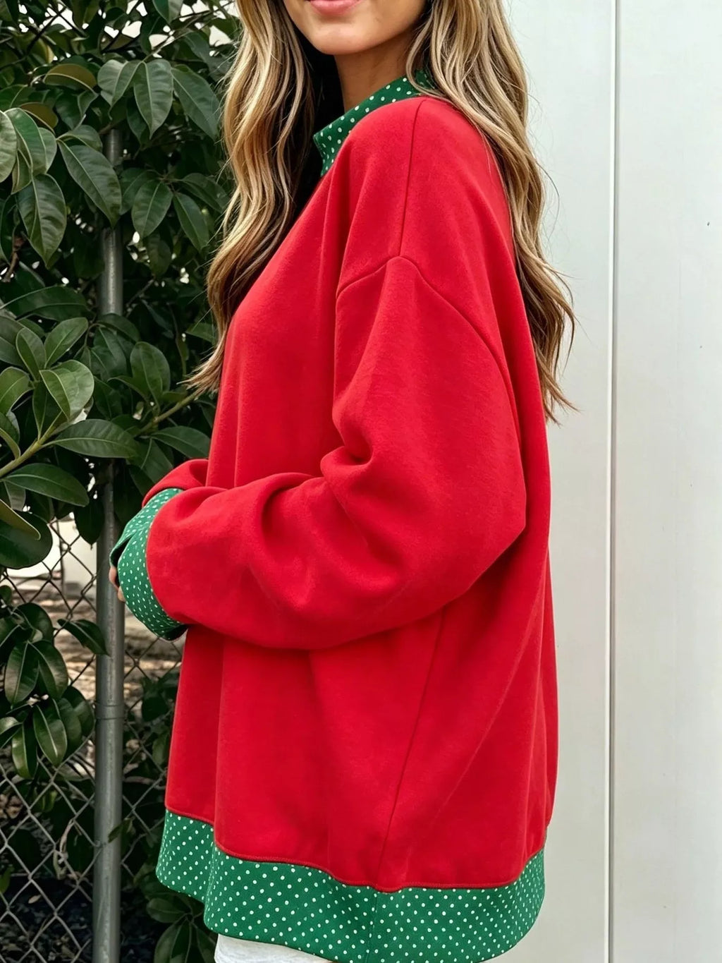 Polka Dot Contrast Trim Dropped Shoulder Sweatshirt - Lilixa.store