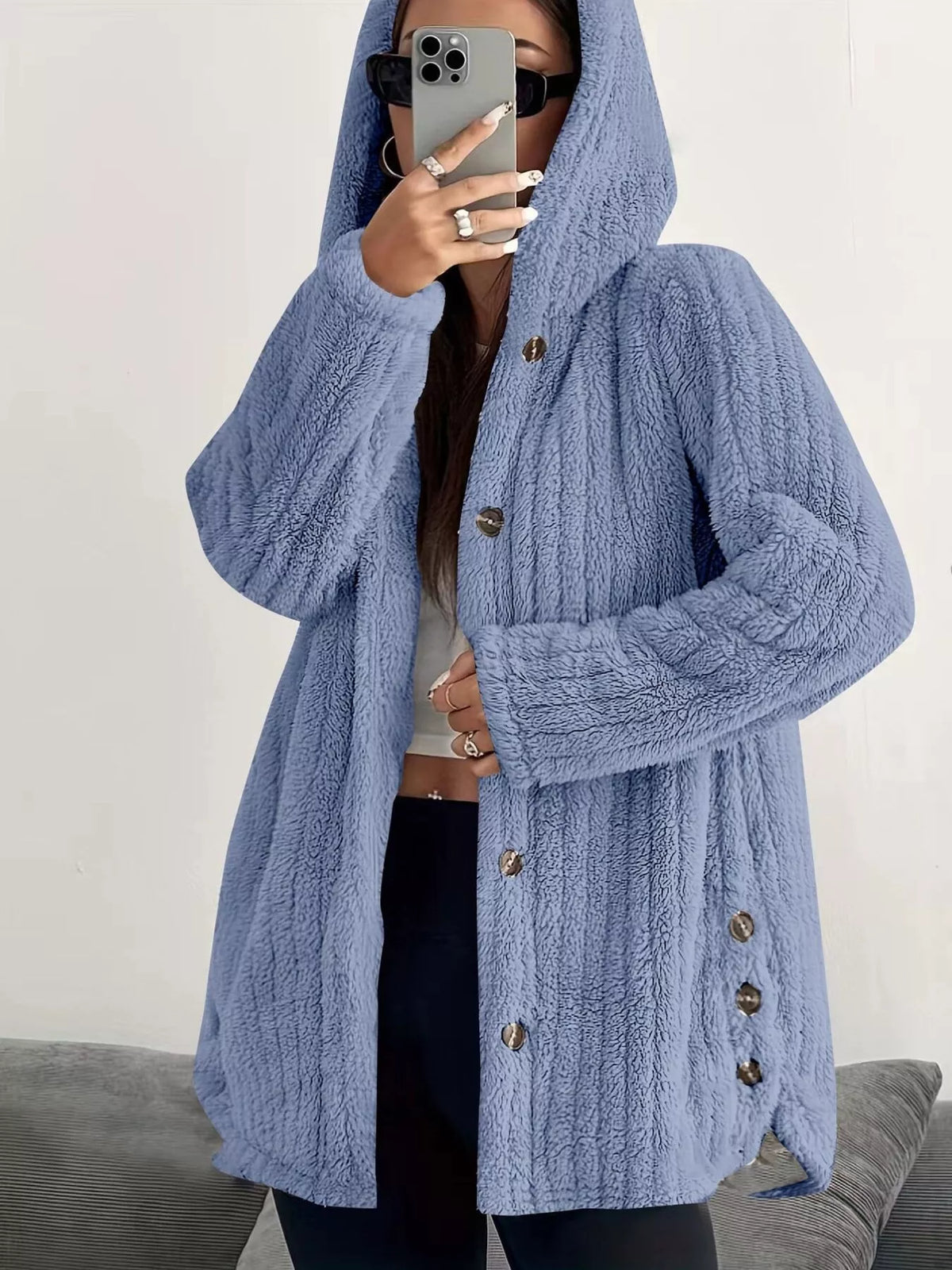 Full Size Fleece Button Up Hooded Outerwear Plus Size, view 4