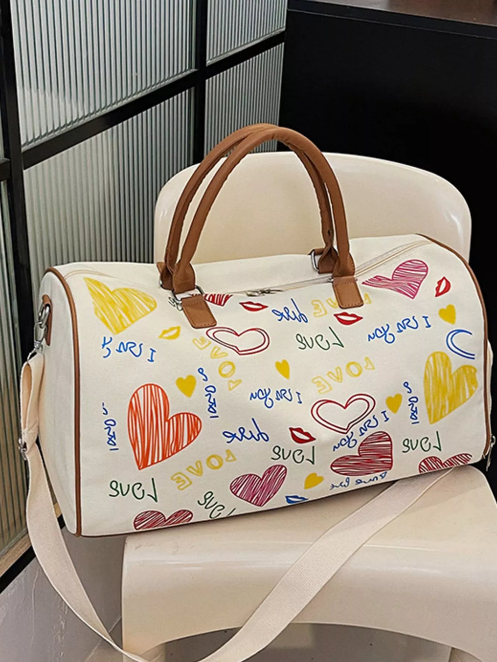 Printed Duffel Bag with Adjustable Strap in Off-white, view 6