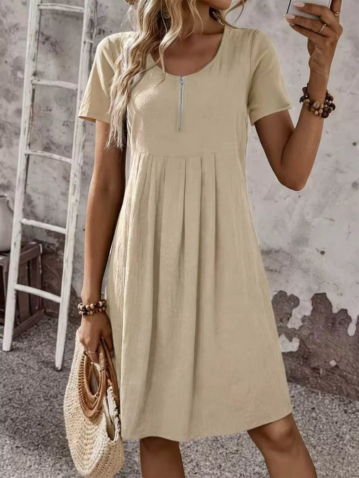 Zipper-Front Short Sleeve A-Line Dress - Lilixa.store