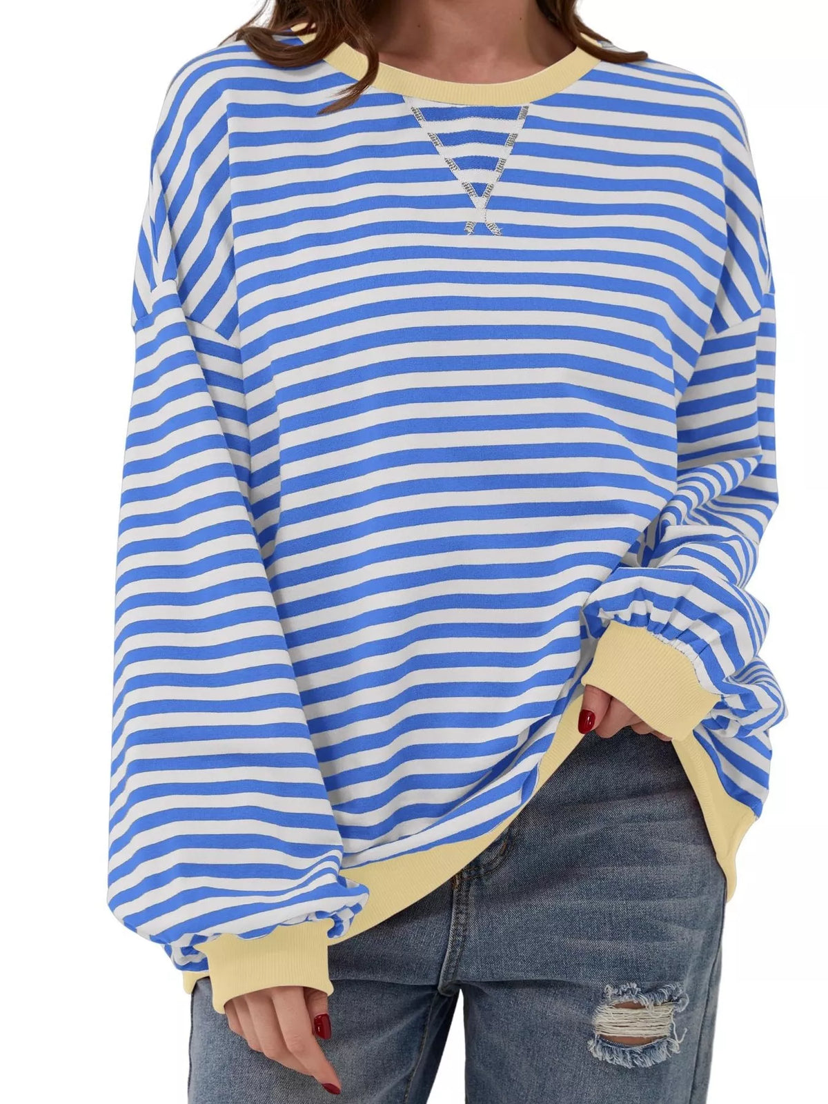 Striped Contrast Trim Oversized Sweatshirt - Lilixa.store