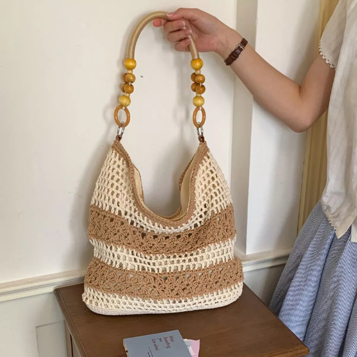 Crochet Knit Shoulder Bag in Caramel, view 4