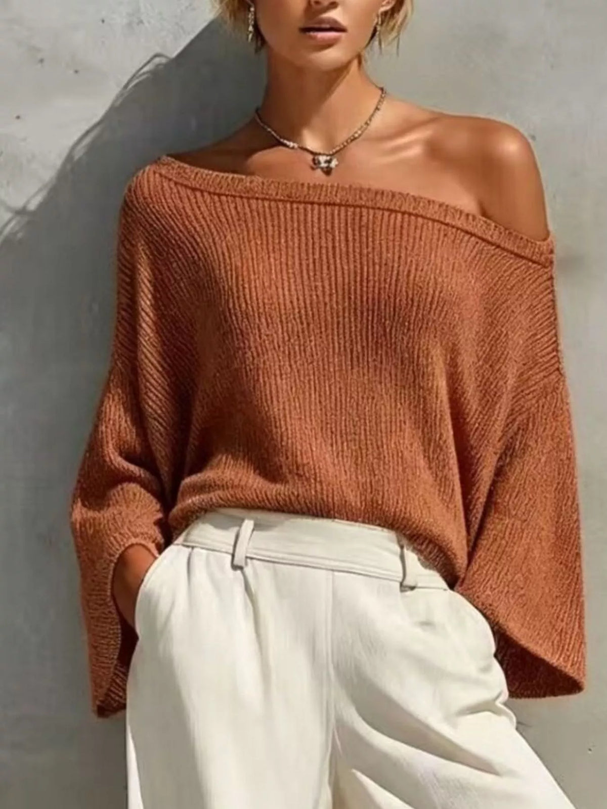 One-Shoulder Knit Top and High-Waisted Pants Set, view 7