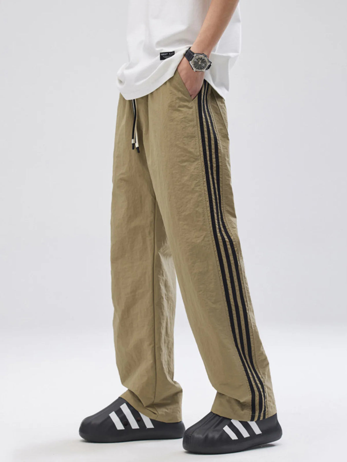 Men's Full Size Side Striped Wide Leg Pants Plus Size in Khaki