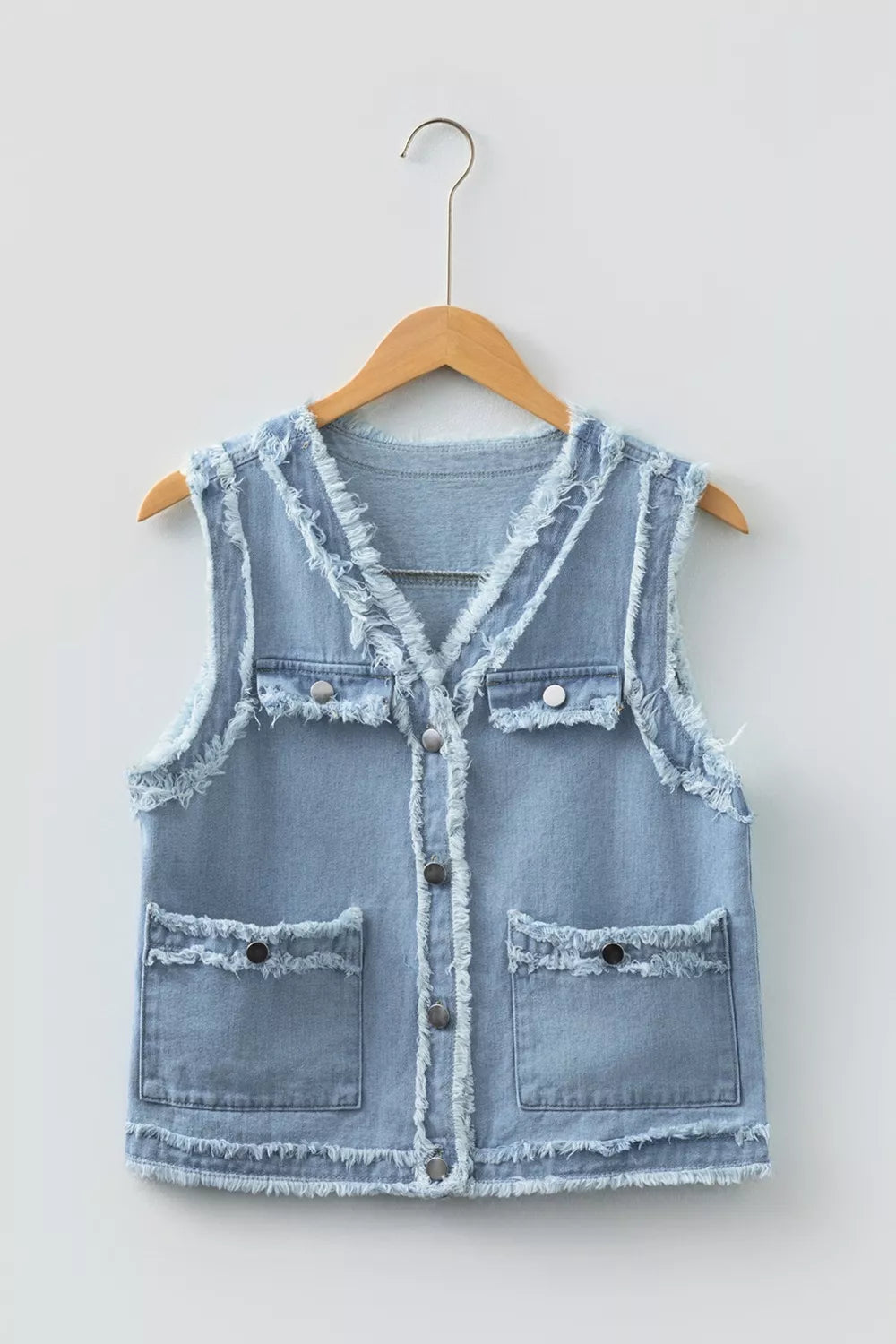 Frayed Edge Flap Pockets Denim Vest Jacket in Light Blue, view 7
