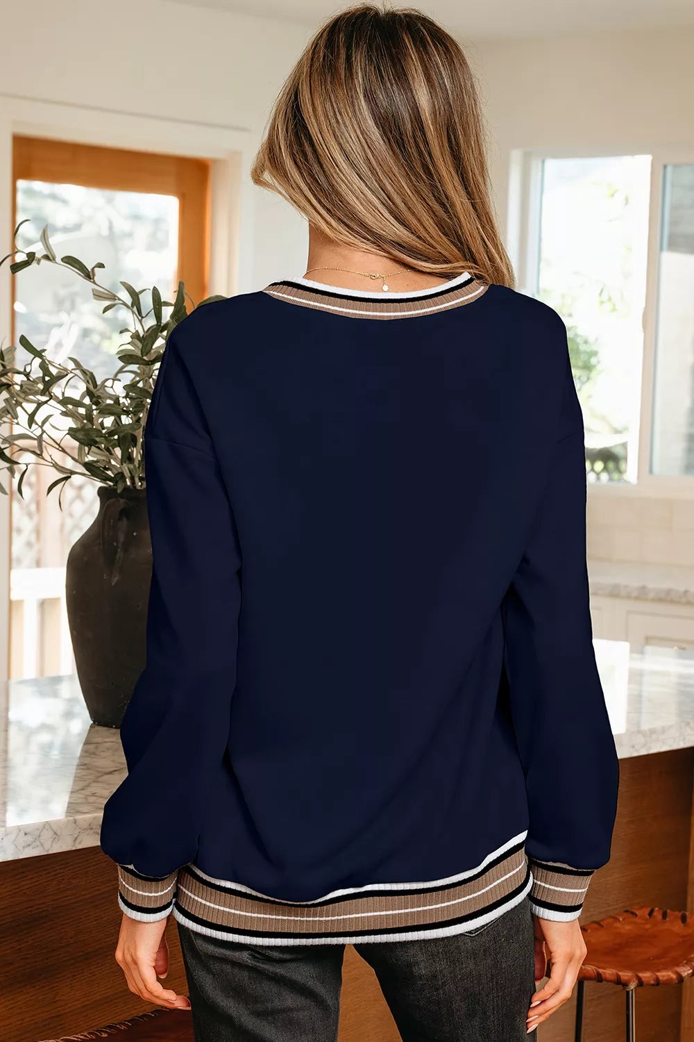 Contrast Striped Trim V Neck Sweatshirt - Lilixa.store