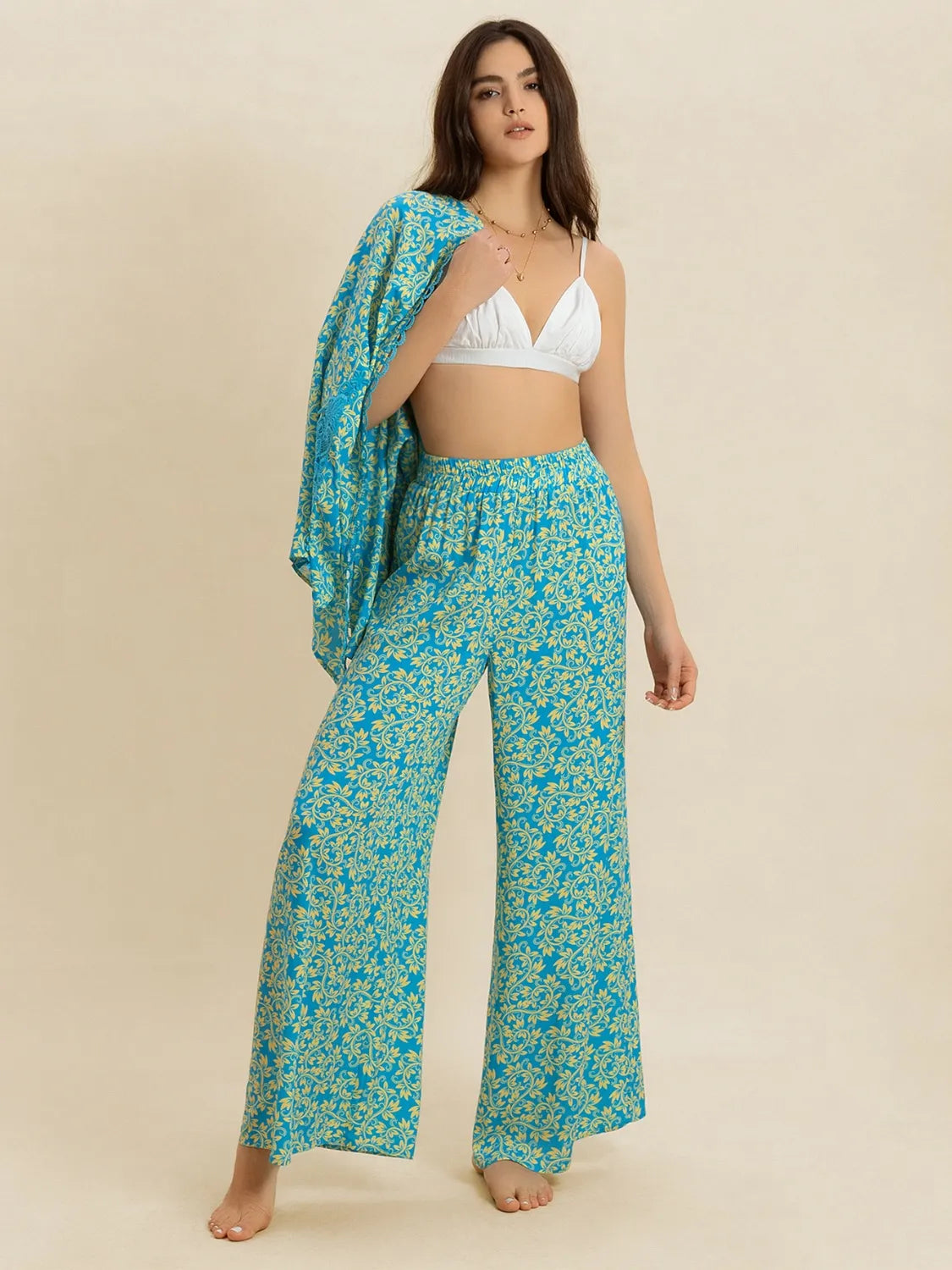 Open Front Printed Top and Pants Set - Lilixa.store