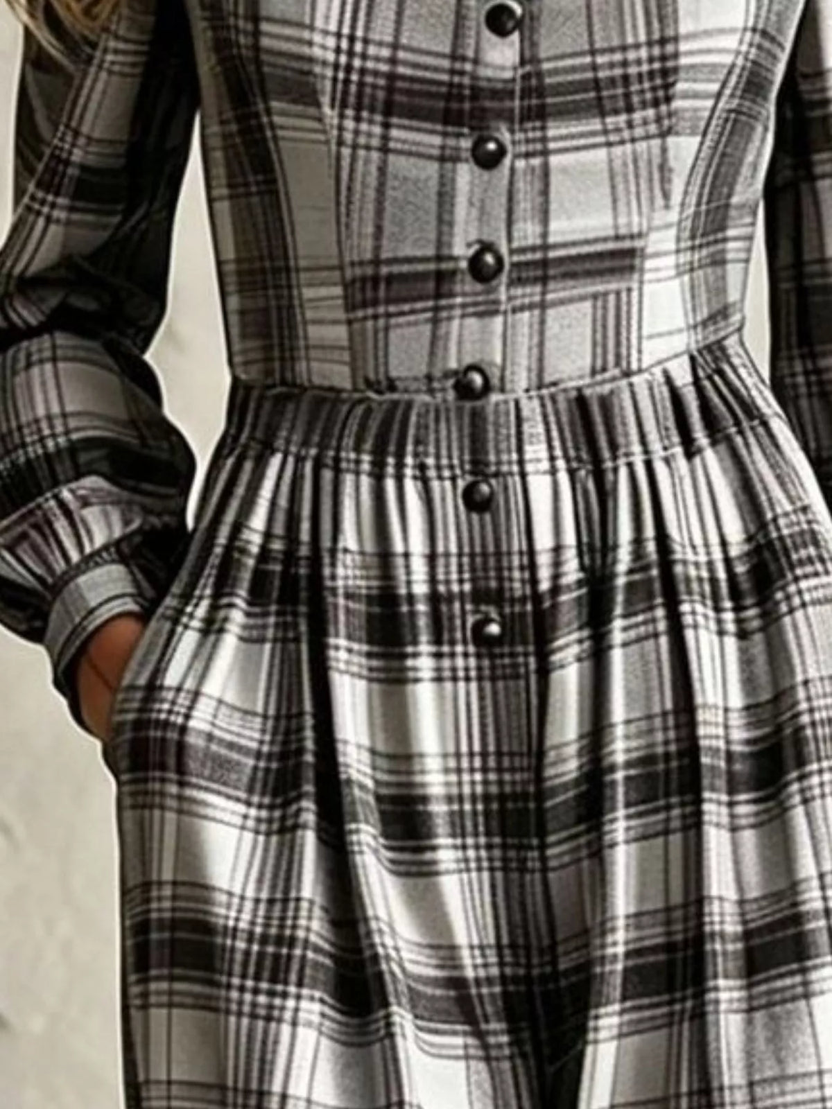 Plaid Square Neck Long Sleeve Wide Leg Jumpsuit