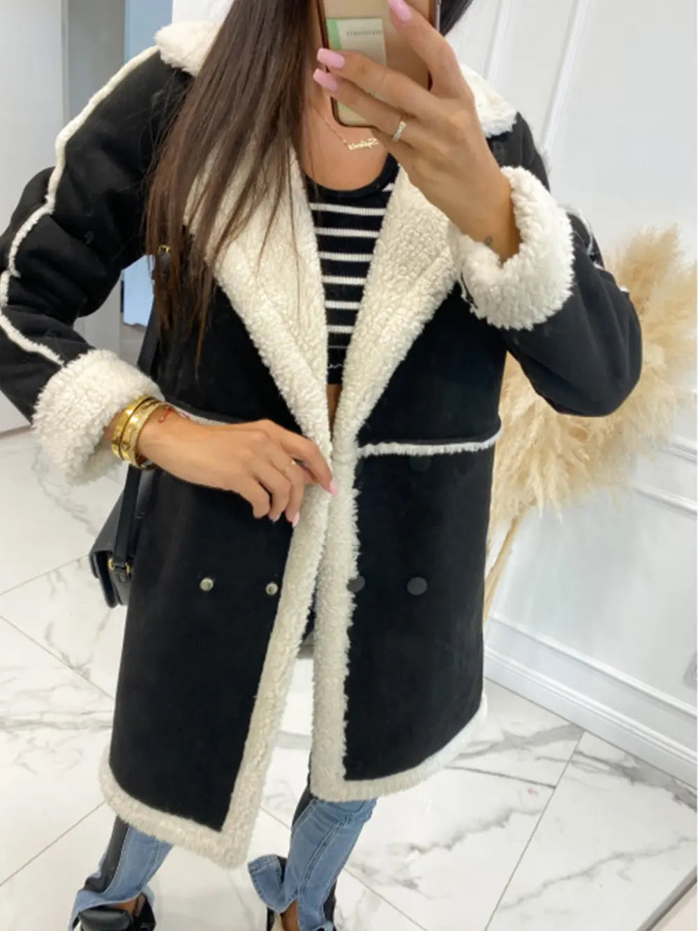 Lapel Collar Exposed Seam Buttoned Coat - Lilixa.store