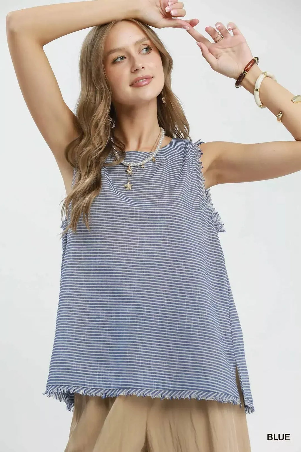 Umgee Stripe Fringe Trim Sleeveless Top - Lilixa.store