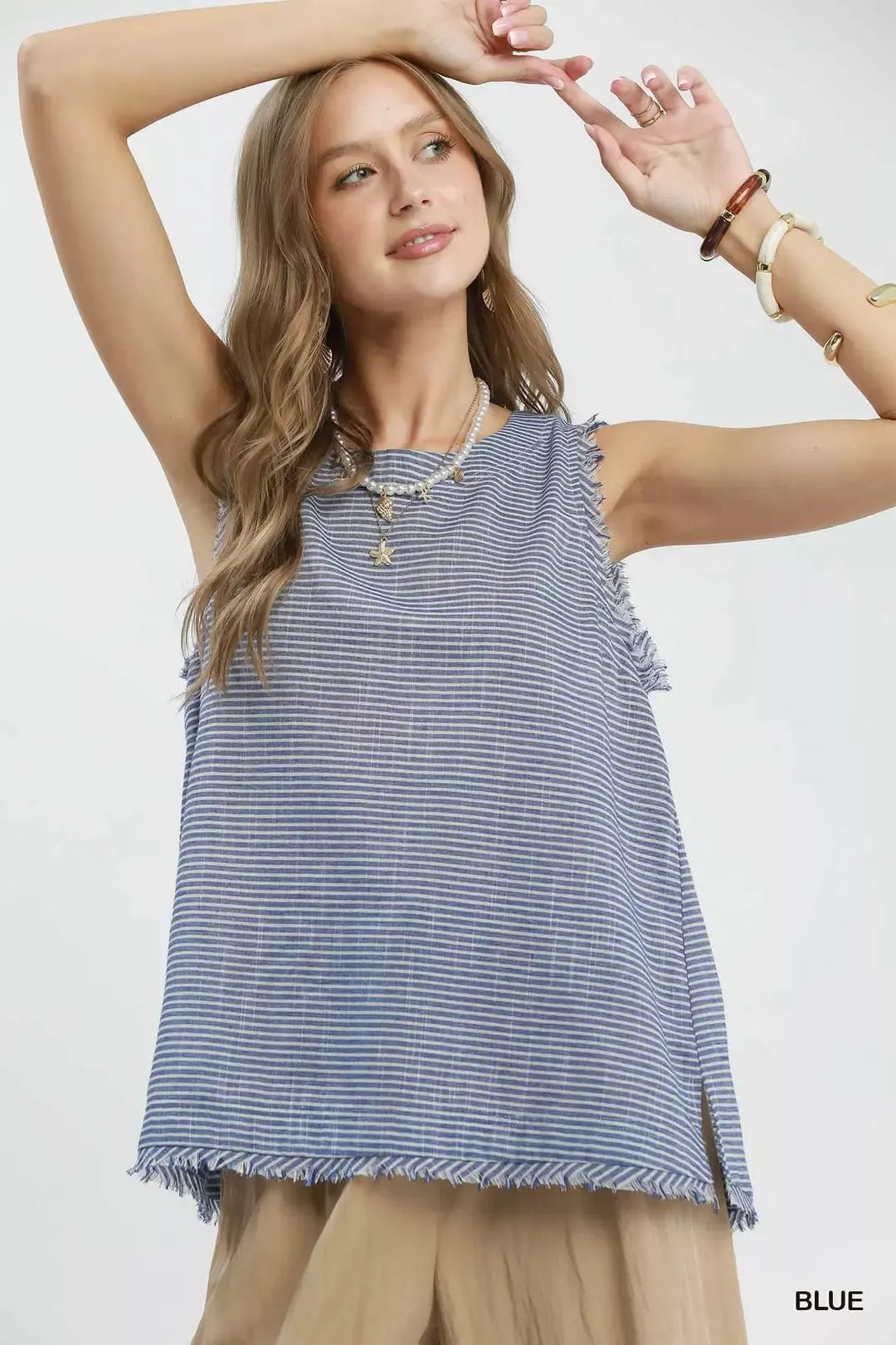 Umgee Stripe Fringe Trim Sleeveless Top - Lilixa.store