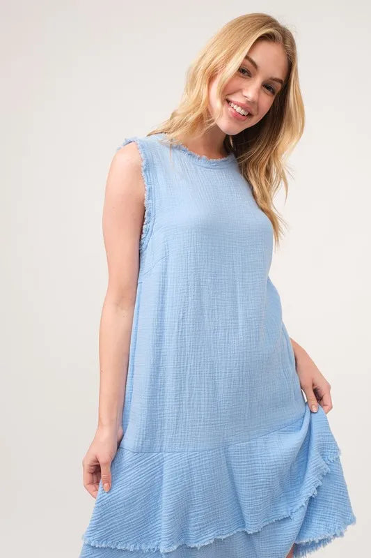 And The Why Washed Fringe Detail Tiered Dress in Baby Blue, view 8