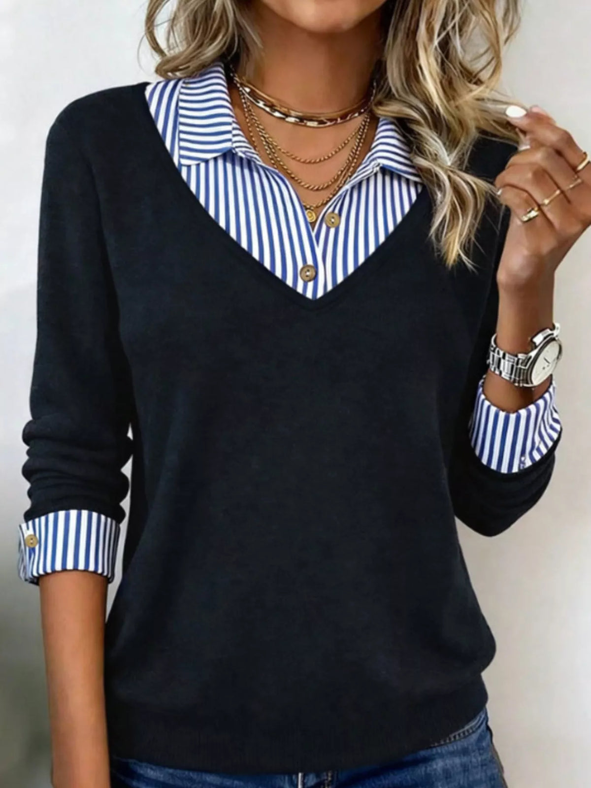 Layered Look Striped Collar Long Sleeve Top