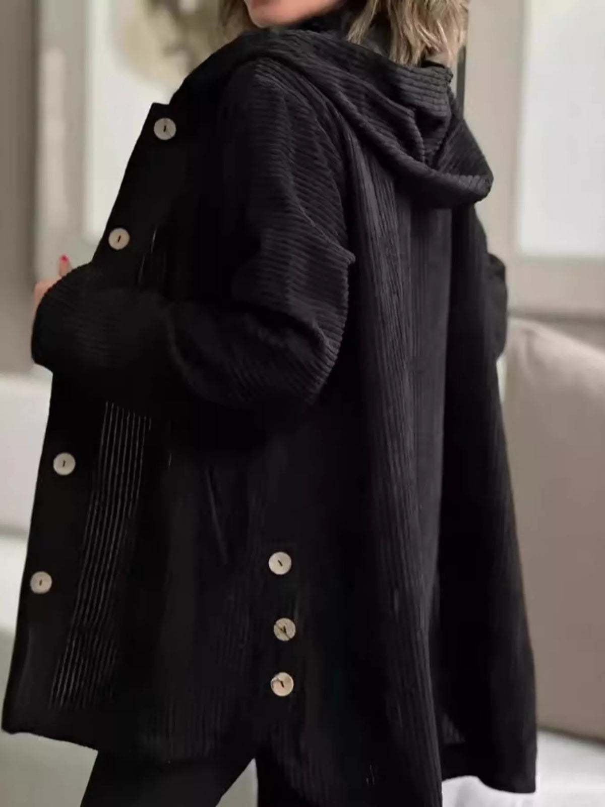 Full Size Corduroy Button Up Hooded Jacket Plus Size, view 10