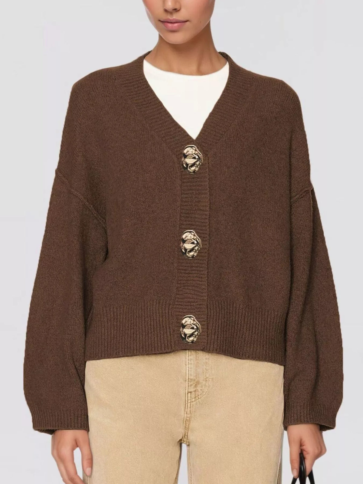 Gold Buttons V-Neck Cardigan - Lilixa.store