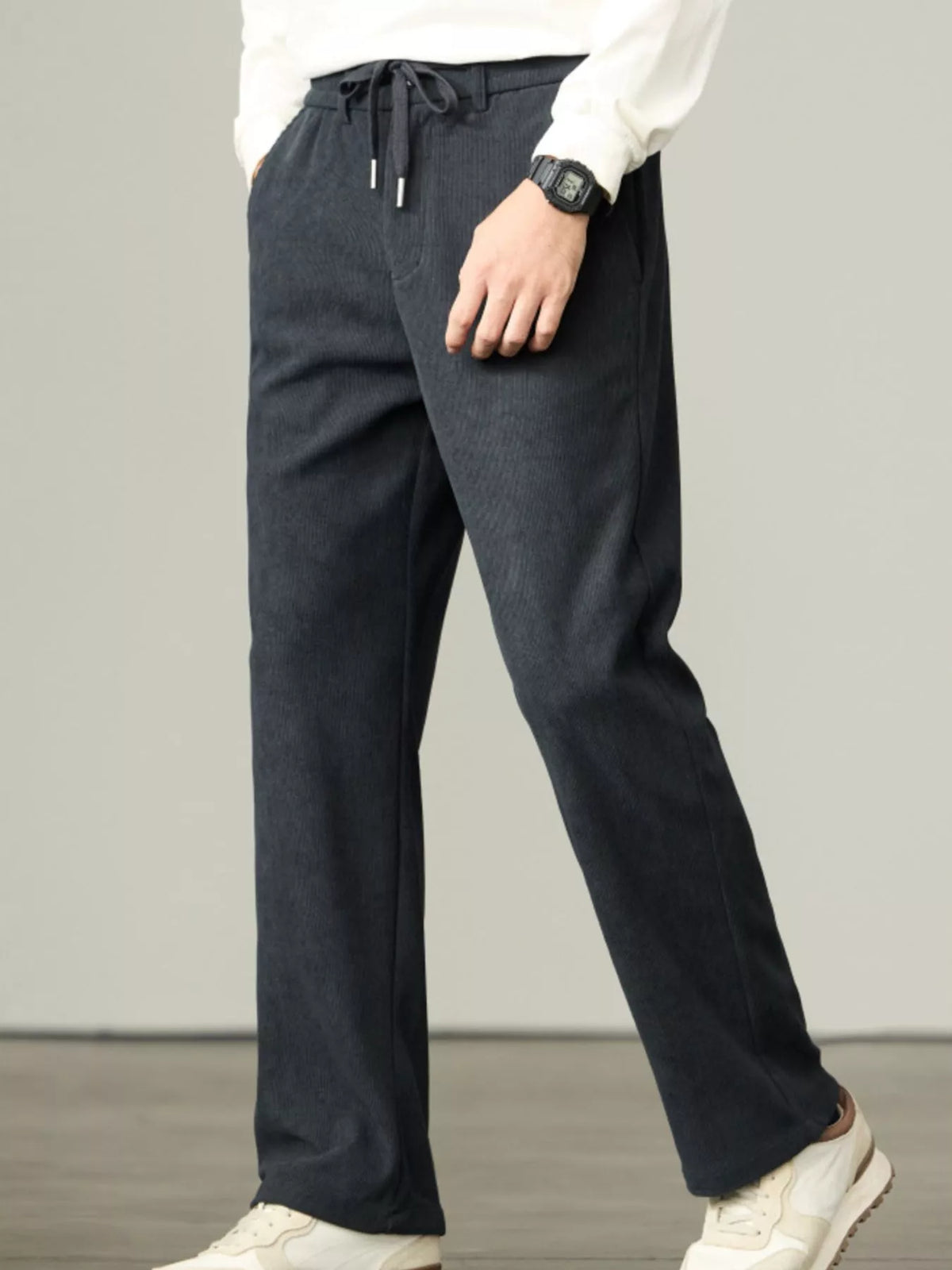 Men's Plus Size Casual Corduroy Drawstring Pants in Dark Gray