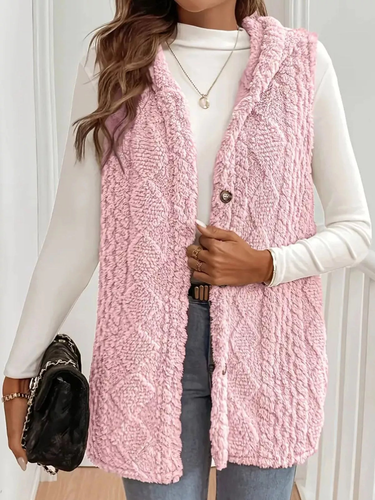 Hooded Button-Up Sherpa Vest Coat - Lilixa.store