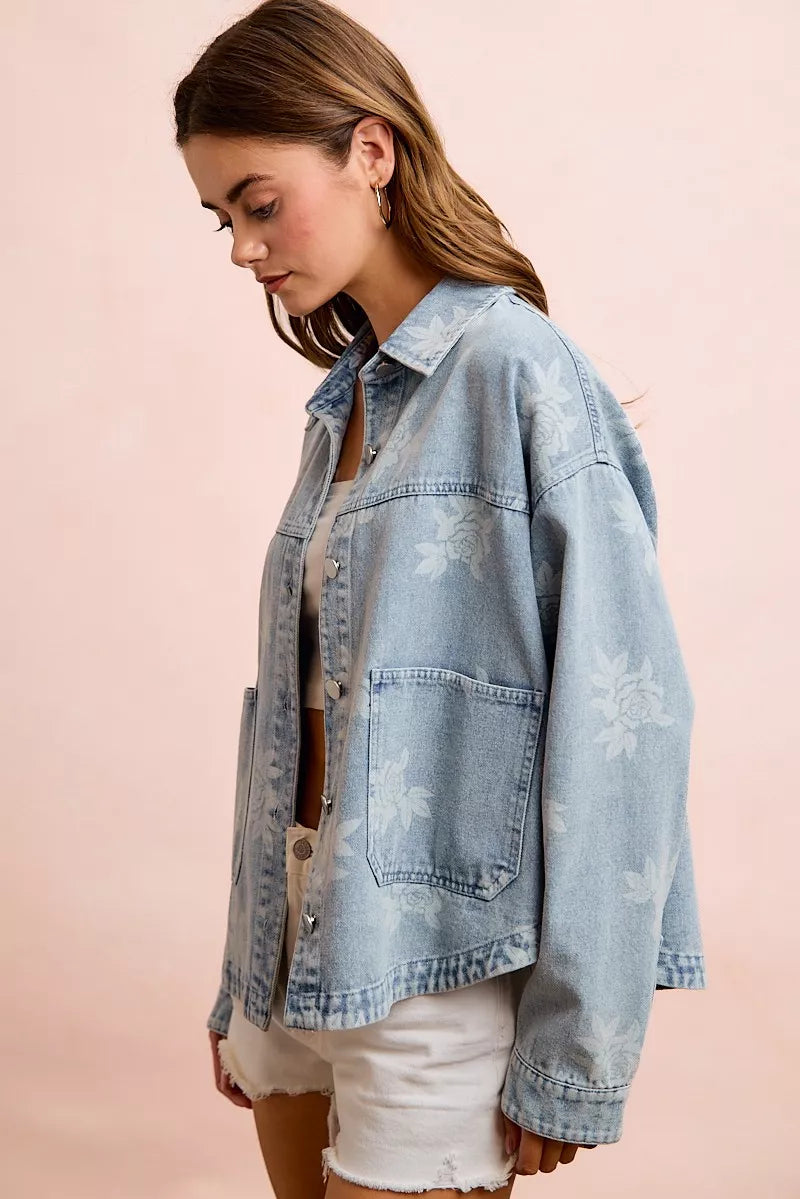 BiBi Printed Washed Denim Jacket With Pocket, view 11