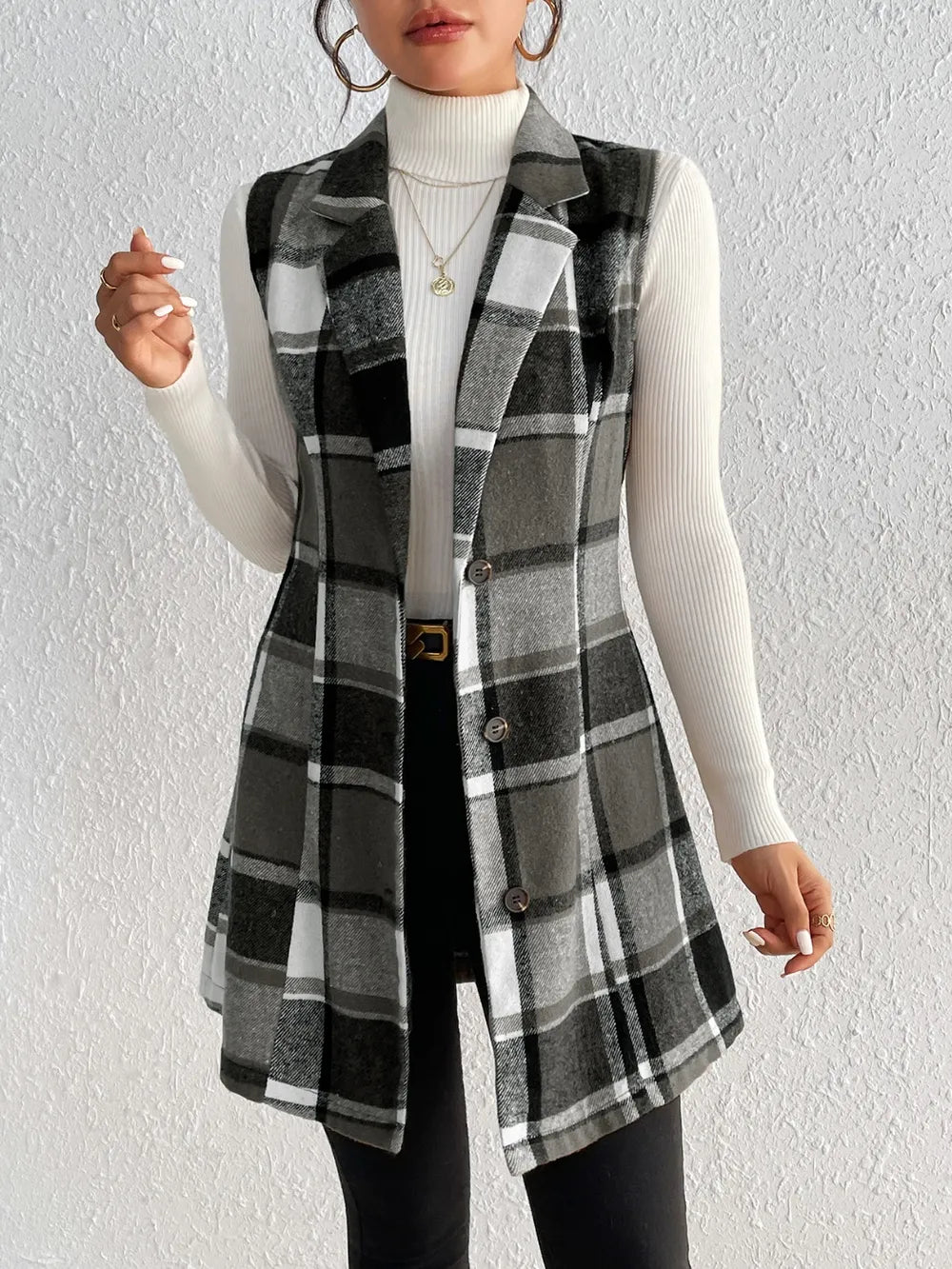 Honey Plaid Button Up Vest Coat, view 2