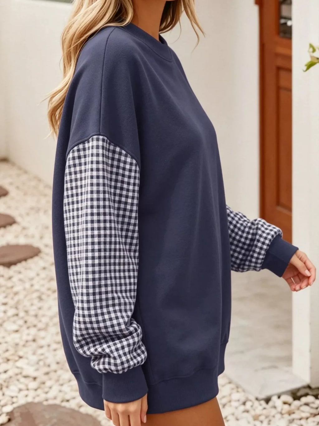 Contrast Gingham Long Sleeve Sweatshirt - Lilixa.store