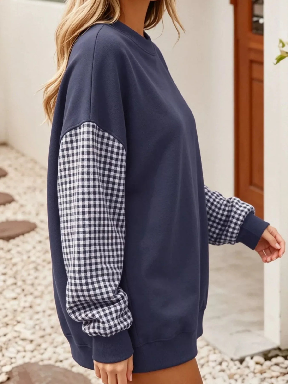Contrast Gingham Long Sleeve Sweatshirt - Lilixa.store
