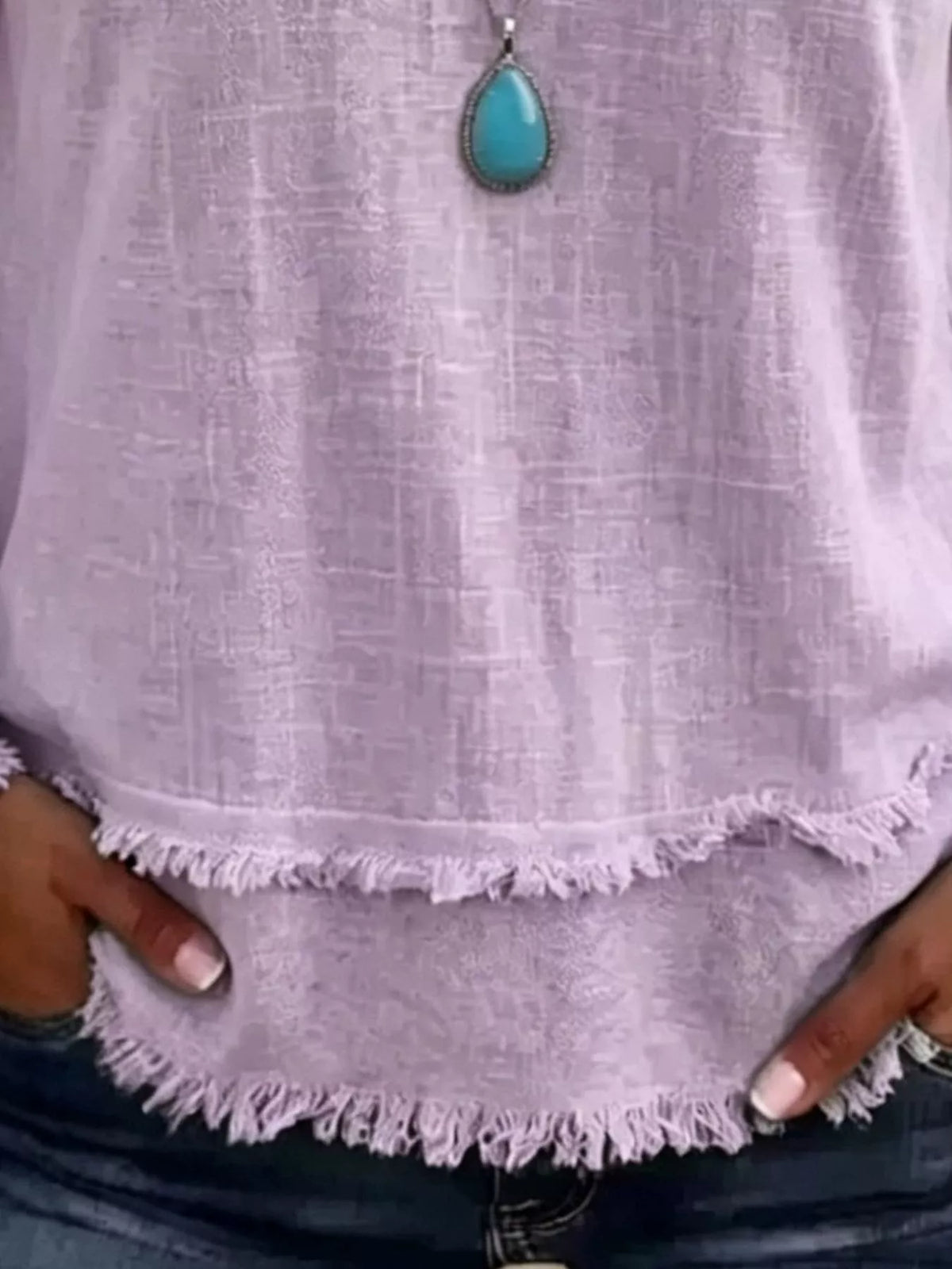V-Neck Long Sleeve Blouse with Frayed Hem Detail - Lilixa.store
