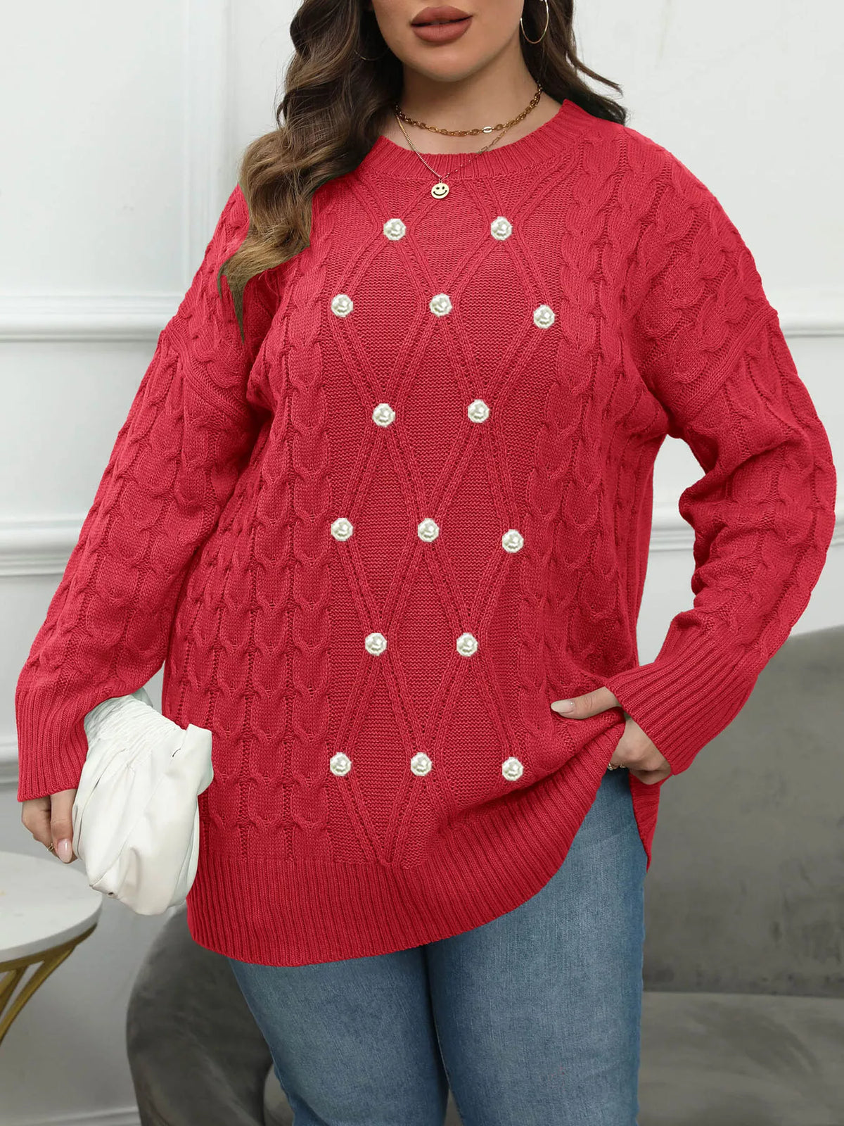 Plus Size Cable Knit Dropped Shoulder Sweater - Lilixa.store