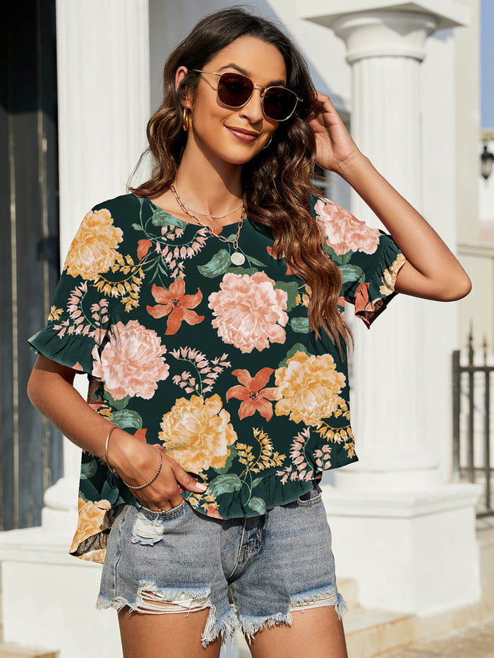 Floral Ruffled Flounce Sleeve Blouse in Turquoise