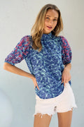 Hailey & Co Embroidered Puff Sleeve Printed Blouse - Lilixa.store