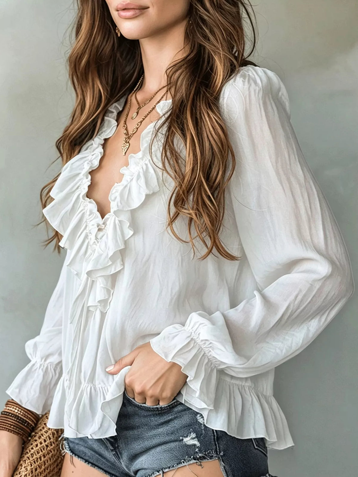 Ruffle V-Neck Long Sleeve Blouse, view 2