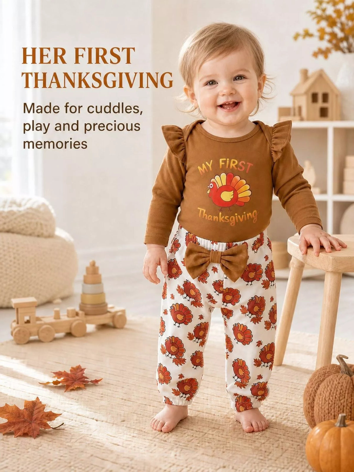 Children's 'My First Thanksgiving' Ruffle Bodysuit and Turkey Print Pants Set with Headband