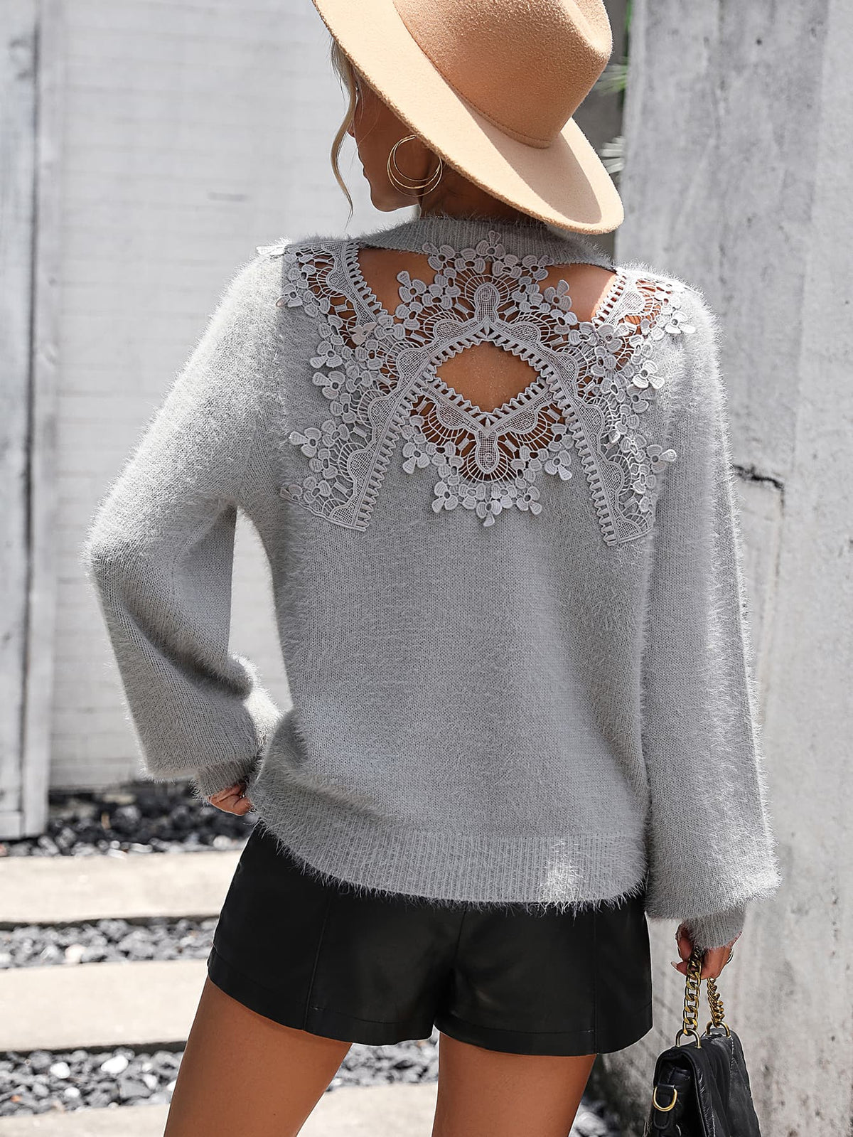 Lace Detail Cutout Long Sleeve Pullover Sweater in Light Gray