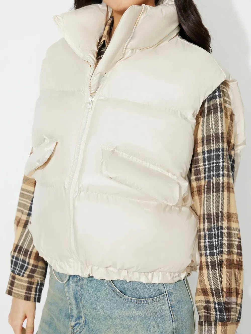 Zip Up Vest Coat with Pockets in Cream, view 3